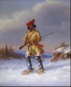 Cornelius Krieghoff Indian Trapper with Red Feathered Cap in Winter oil painting reproduction